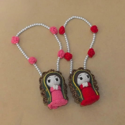 Crochet Virgin Mary Car Charm – Handmade Religious Rearview Mirror Decor