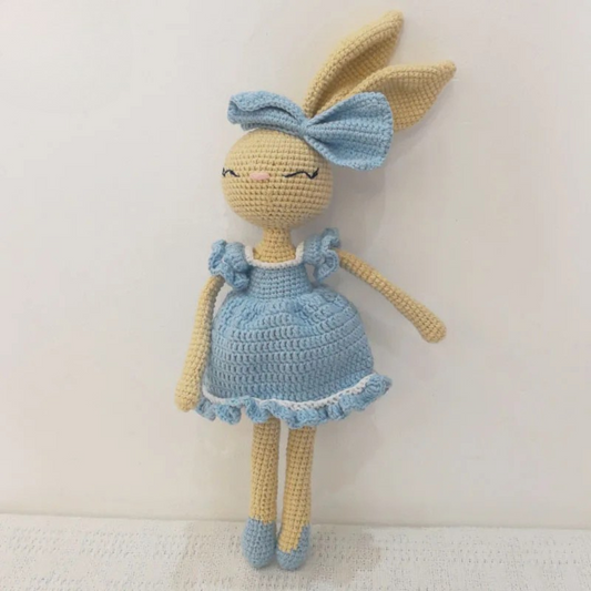 Handmade Crochet Bunny Doll in Blue Dress – Soft Plush Wool Toy for Kids