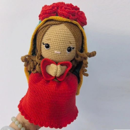 Handmade Crochet Virgin Doll in Red Dress – Amigurumi Catholic Decor Gift