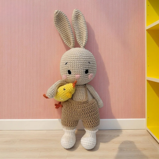 Handmade Crochet Bunny Holding Chick – Amigurumi Plush Toy for Baby Gift