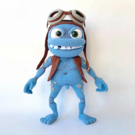 Handmade Crochet Crazy Frog Doll – Blue Cartoon Plush Toy for Gift & Decor